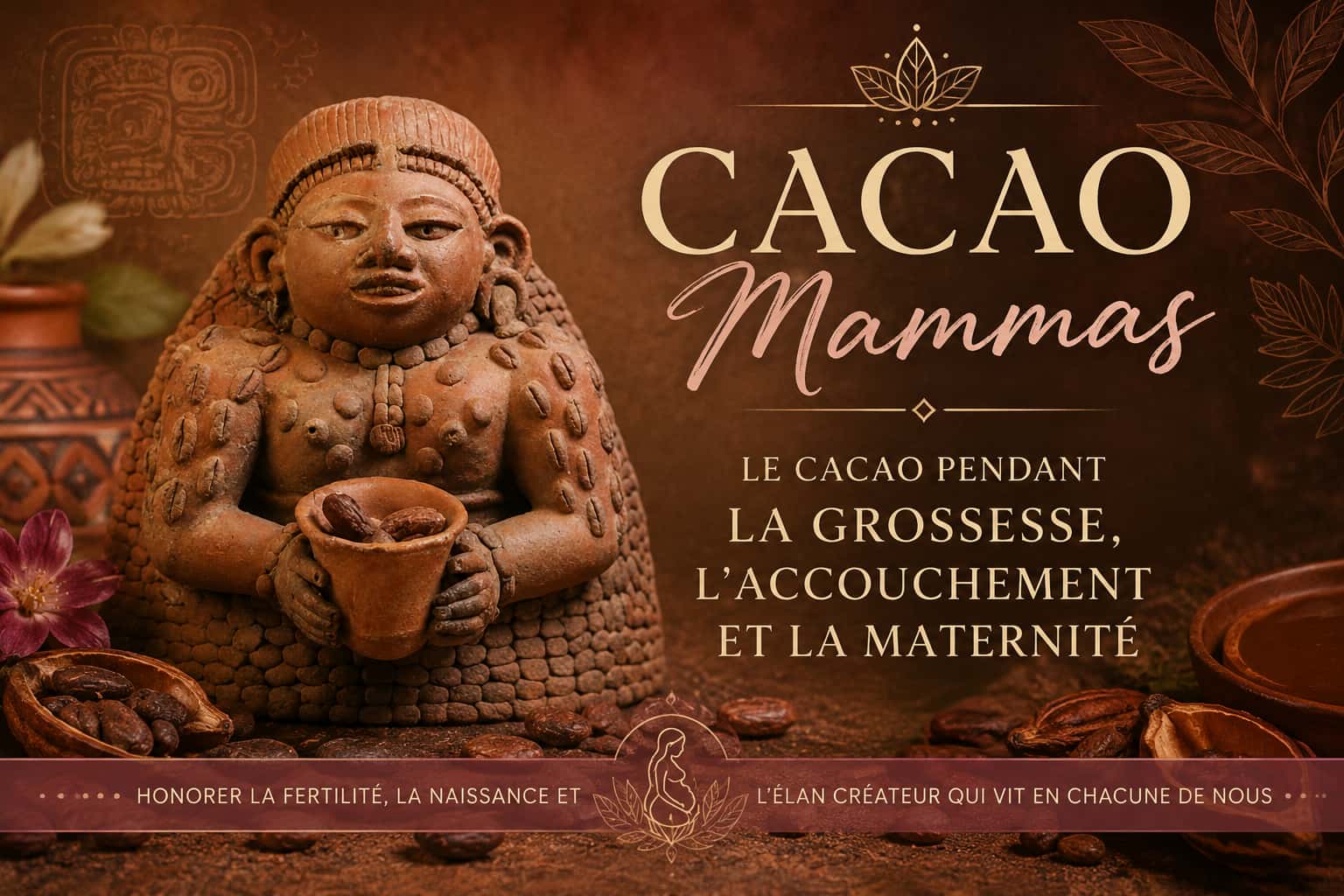 Statuette en argile représentant IxCacao, ancienne déesse maya du cacao, de la fertilité, de la grossesse et de l’abondance, symbole de la Terre Mère et de l’énergie créatrice féminine.