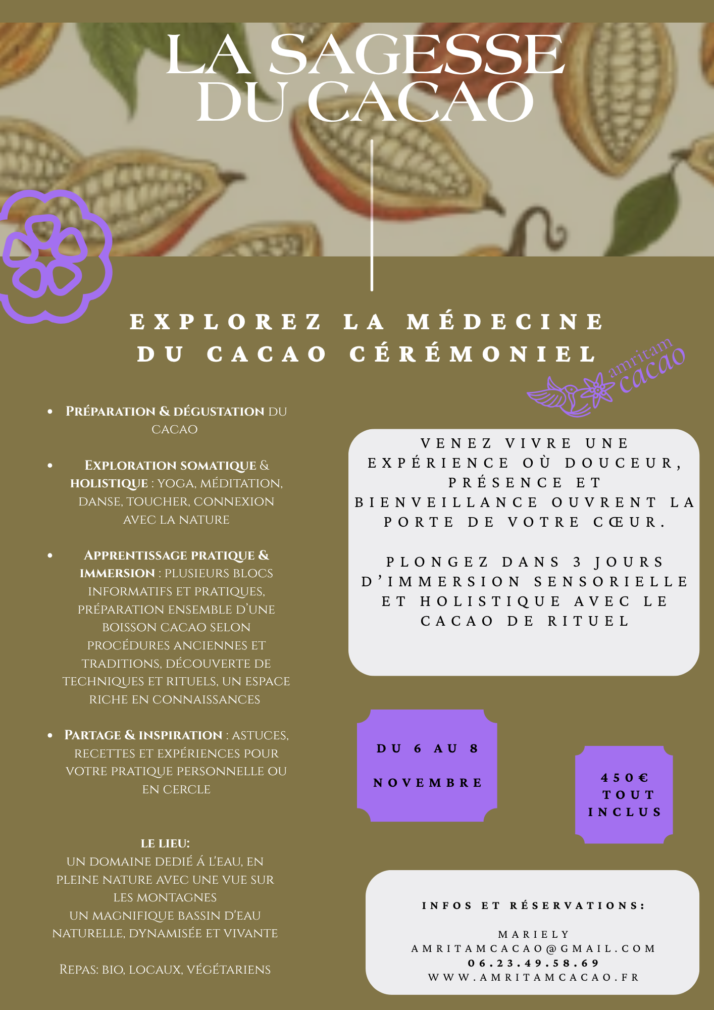 retreat "La Sagesse du Cacao" avec illustration de fèves de cacao, invitation à un voyage sensoriel et rituel autour du chocolat artisanal.